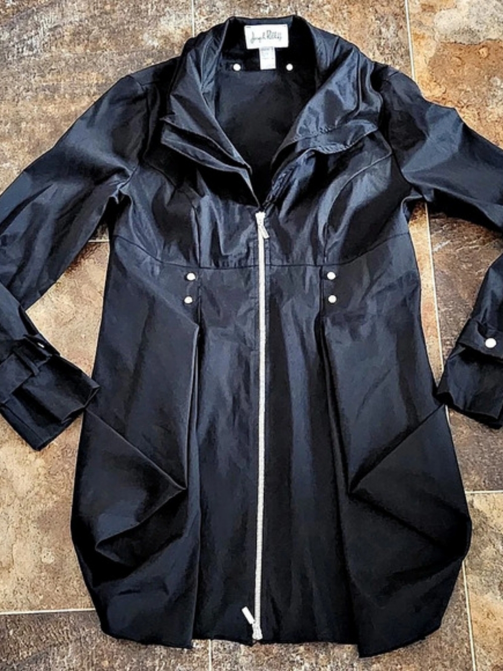 VTG Joseph Ribkoff Black Long Jacket Sz 6 Shapeable Collar Zip Balloon Pockets